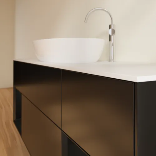 Obrázek VILLEROY BOCH Finion Vanity unit, with lighting, 4 pull-out compartments, 1600 x 603 x 501 mm, Black Matt Lacquer / Black Matt Lacquer / Glass White Matt #F981PDPD
