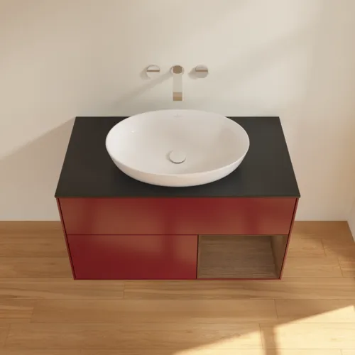 Bild von VILLEROY BOCH Finion Waschbeckenunterschrank, mit Beleuchtung, 2 Auszüge, 1000 x 603 x 501 mm, Peony Matt Lacquer / Walnut Veneer / Glass Black Matt #FA22GNHB
