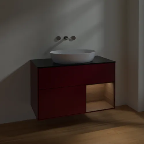 Bild von VILLEROY BOCH Finion Waschbeckenunterschrank, mit Beleuchtung, 2 Auszüge, 1000 x 603 x 501 mm, Peony Matt Lacquer / Walnut Veneer / Glass Black Matt #FA22GNHB