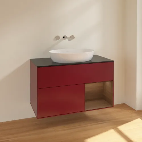 Bild von VILLEROY BOCH Finion Waschbeckenunterschrank, mit Beleuchtung, 2 Auszüge, 1000 x 603 x 501 mm, Peony Matt Lacquer / Walnut Veneer / Glass Black Matt #FA22GNHB