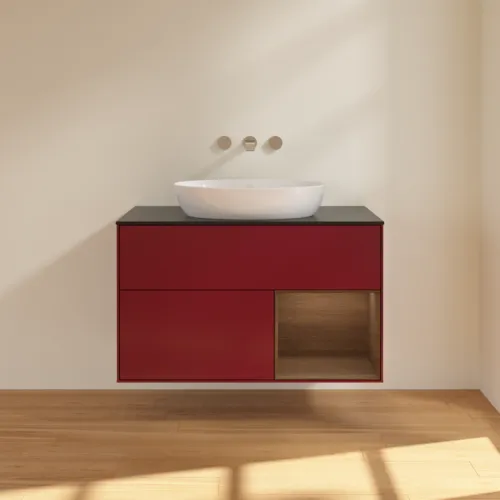 Bild von VILLEROY BOCH Finion Waschbeckenunterschrank, mit Beleuchtung, 2 Auszüge, 1000 x 603 x 501 mm, Peony Matt Lacquer / Walnut Veneer / Glass Black Matt #FA22GNHB