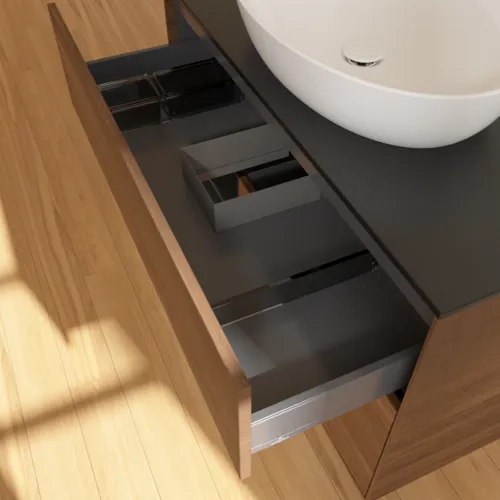 Bild von VILLEROY BOCH Finion Waschbeckenunterschrank, mit Beleuchtung, 2 Auszüge, 1000 x 603 x 501 mm, Walnut Veneer / Black Matt Lacquer / Glass Black Matt #FA12PDGN