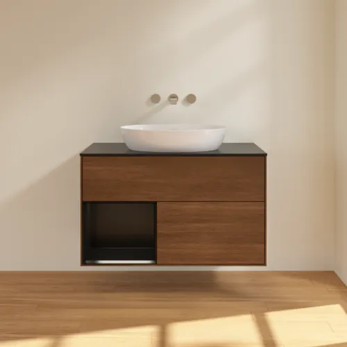 Bild von VILLEROY BOCH Finion Waschbeckenunterschrank, mit Beleuchtung, 2 Auszüge, 1000 x 603 x 501 mm, Walnut Veneer / Black Matt Lacquer / Glass Black Matt #FA12PDGN