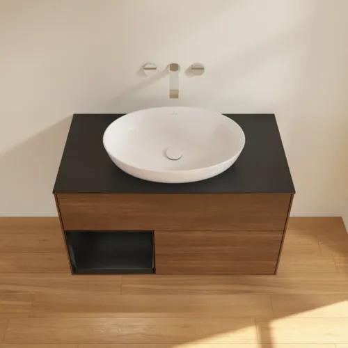 Bild von VILLEROY BOCH Finion Waschbeckenunterschrank, mit Beleuchtung, 2 Auszüge, 1000 x 603 x 501 mm, Walnut Veneer / Black Matt Lacquer / Glass Black Matt #FA12PDGN
