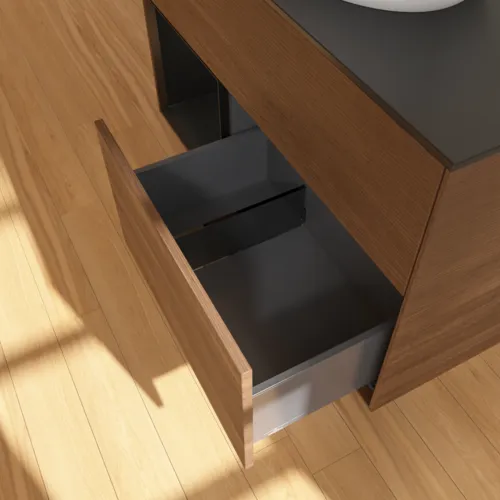 Bild von VILLEROY BOCH Finion Waschbeckenunterschrank, mit Beleuchtung, 2 Auszüge, 1000 x 603 x 501 mm, Walnut Veneer / Black Matt Lacquer / Glass Black Matt #FA12PDGN