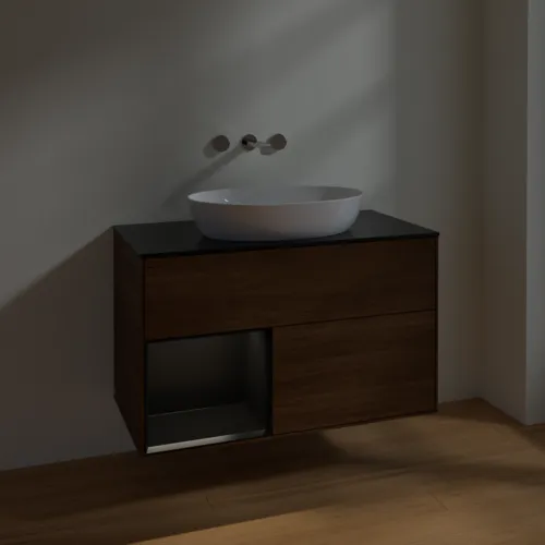 Bild von VILLEROY BOCH Finion Waschbeckenunterschrank, mit Beleuchtung, 2 Auszüge, 1000 x 603 x 501 mm, Walnut Veneer / Black Matt Lacquer / Glass Black Matt #FA12PDGN