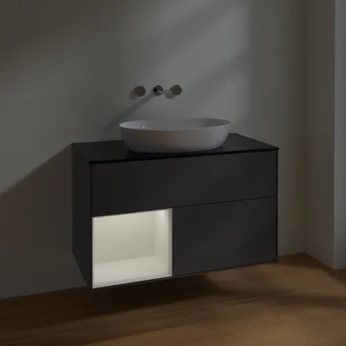 VILLEROY BOCH Finion Waschbeckenunterschrank, mit Beleuchtung, 2 Auszüge, 1000 x 603 x 501 mm, Anthracite Matt Lacquer / Glossy White Lacquer / Glass Black Matt #FA12GFGK, Bild 5