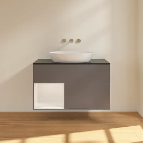 VILLEROY BOCH Finion Waschbeckenunterschrank, mit Beleuchtung, 2 Auszüge, 1000 x 603 x 501 mm, Anthracite Matt Lacquer / Glossy White Lacquer / Glass Black Matt #FA12GFGK, Bild 3
