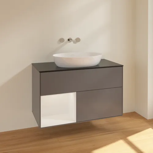 VILLEROY BOCH Finion Waschbeckenunterschrank, mit Beleuchtung, 2 Auszüge, 1000 x 603 x 501 mm, Anthracite Matt Lacquer / Glossy White Lacquer / Glass Black Matt #FA12GFGK, Bild 2