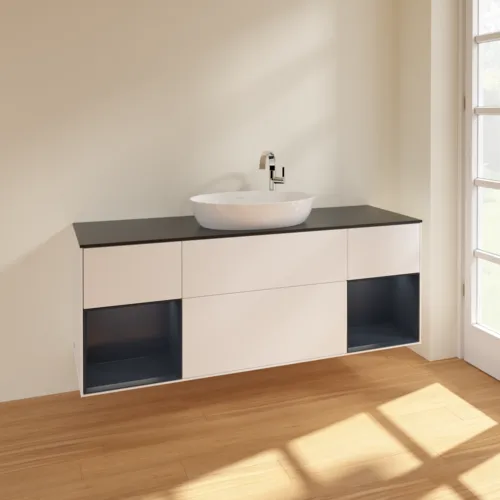 Bild von VILLEROY BOCH Finion Waschbeckenunterschrank, mit Beleuchtung, 4 Auszüge, 1600 x 603 x 501 mm, White Matt Lacquer / Midnight Blue Matt Lacquer / Glass Black Matt #F982HGMT