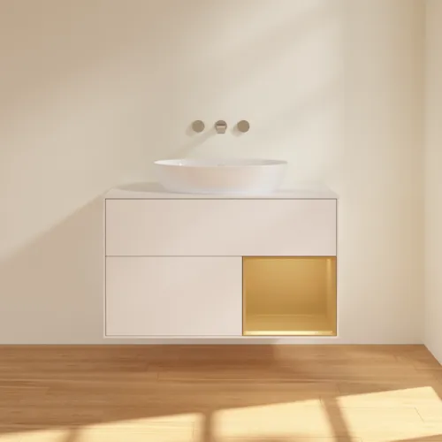 Bild von VILLEROY BOCH Finion Waschbeckenunterschrank, mit Beleuchtung, 2 Auszüge, 1000 x 603 x 501 mm, White Matt Lacquer / Gold Matt Lacquer / Glass White Matt #FA21HFMT