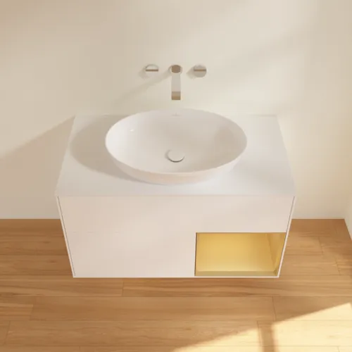 Bild von VILLEROY BOCH Finion Waschbeckenunterschrank, mit Beleuchtung, 2 Auszüge, 1000 x 603 x 501 mm, White Matt Lacquer / Gold Matt Lacquer / Glass White Matt #FA21HFMT