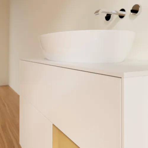 Bild von VILLEROY BOCH Finion Waschbeckenunterschrank, mit Beleuchtung, 2 Auszüge, 1000 x 603 x 501 mm, White Matt Lacquer / Gold Matt Lacquer / Glass White Matt #FA21HFMT