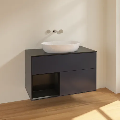 Bild von VILLEROY BOCH Finion Waschbeckenunterschrank, mit Beleuchtung, 2 Auszüge, 1000 x 603 x 501 mm, Midnight Blue Matt Lacquer / Black Matt Lacquer / Glass Black Matt #FA12PDHG