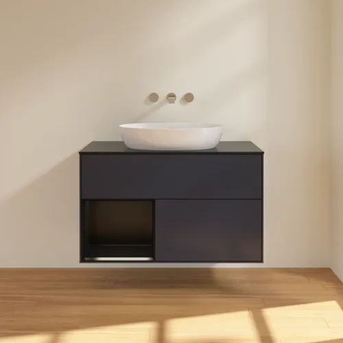 Bild von VILLEROY BOCH Finion Waschbeckenunterschrank, mit Beleuchtung, 2 Auszüge, 1000 x 603 x 501 mm, Midnight Blue Matt Lacquer / Black Matt Lacquer / Glass Black Matt #FA12PDHG