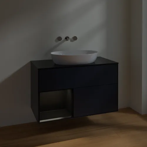 Bild von VILLEROY BOCH Finion Waschbeckenunterschrank, mit Beleuchtung, 2 Auszüge, 1000 x 603 x 501 mm, Midnight Blue Matt Lacquer / Black Matt Lacquer / Glass Black Matt #FA12PDHG