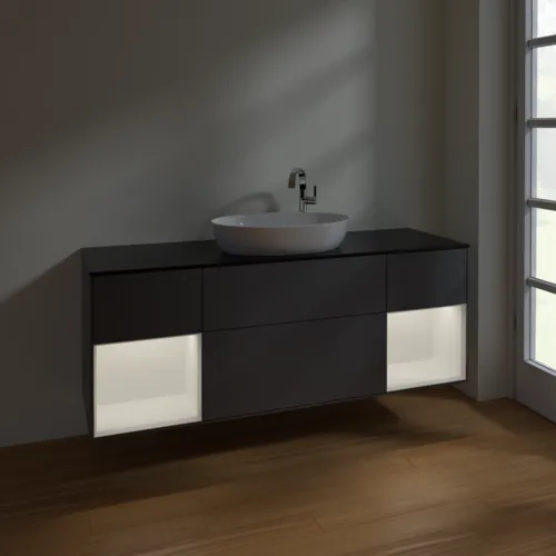 Bild von VILLEROY BOCH Finion Waschbeckenunterschrank, mit Beleuchtung, 4 Auszüge, 1600 x 603 x 501 mm, Anthracite Matt Lacquer / White Matt Lacquer / Glass Black Matt #F982MTGK