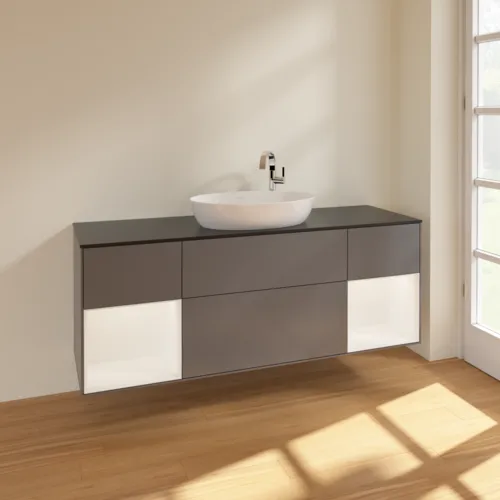 Bild von VILLEROY BOCH Finion Waschbeckenunterschrank, mit Beleuchtung, 4 Auszüge, 1600 x 603 x 501 mm, Anthracite Matt Lacquer / White Matt Lacquer / Glass Black Matt #F982MTGK