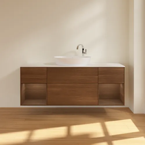 Bild von VILLEROY BOCH Finion Waschbeckenunterschrank, mit Beleuchtung, 4 Auszüge, 1600 x 603 x 501 mm, Walnut Veneer / Walnut Veneer / Glass White Matt #F981GNGN