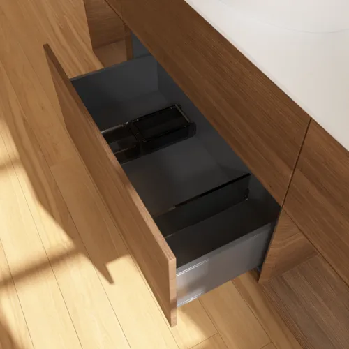 Bild von VILLEROY BOCH Finion Waschbeckenunterschrank, mit Beleuchtung, 4 Auszüge, 1600 x 603 x 501 mm, Walnut Veneer / Walnut Veneer / Glass White Matt #F981GNGN