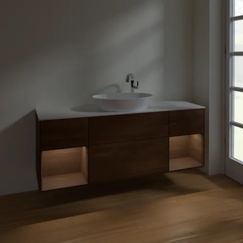 Bild von VILLEROY BOCH Finion Waschbeckenunterschrank, mit Beleuchtung, 4 Auszüge, 1600 x 603 x 501 mm, Walnut Veneer / Walnut Veneer / Glass White Matt #F981GNGN