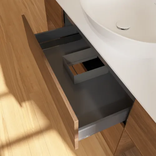 Bild von VILLEROY BOCH Finion Waschbeckenunterschrank, mit Beleuchtung, 4 Auszüge, 1600 x 603 x 501 mm, Walnut Veneer / Walnut Veneer / Glass White Matt #F981GNGN