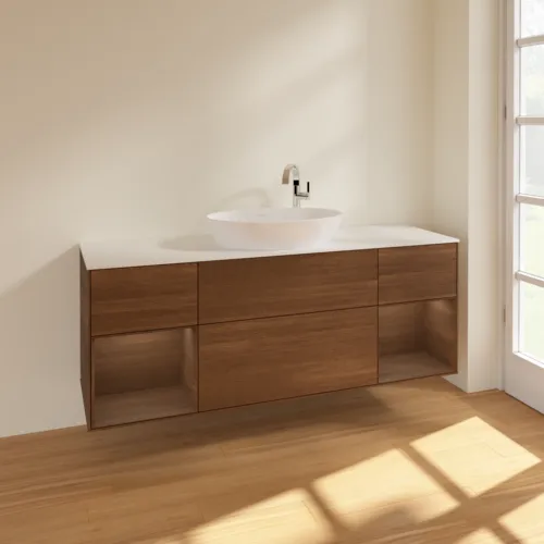 Bild von VILLEROY BOCH Finion Waschbeckenunterschrank, mit Beleuchtung, 4 Auszüge, 1600 x 603 x 501 mm, Walnut Veneer / Walnut Veneer / Glass White Matt #F981GNGN