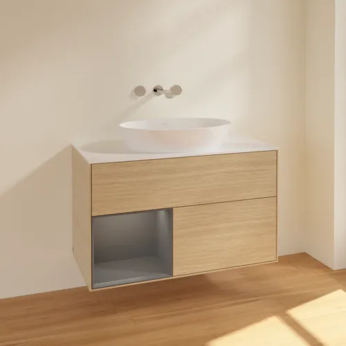 Bild von VILLEROY BOCH Finion Waschbeckenunterschrank, mit Beleuchtung, 2 Auszüge, 1000 x 603 x 501 mm, Oak Veneer / Anthracite Matt Lacquer / Glass White Matt #FA11GKPC