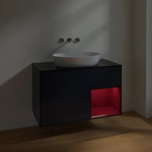 VILLEROY BOCH Finion Waschbeckenunterschrank, mit Beleuchtung, 2 Auszüge, 1000 x 603 x 501 mm, Midnight Blue Matt Lacquer / Peony Matt Lacquer / Glass Black Matt #FA22HBHG, Bild 4