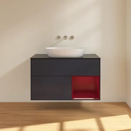 VILLEROY BOCH Finion Waschbeckenunterschrank, mit Beleuchtung, 2 Auszüge, 1000 x 603 x 501 mm, Midnight Blue Matt Lacquer / Peony Matt Lacquer / Glass Black Matt #FA22HBHG, Bild 2