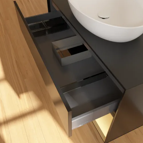VILLEROY BOCH Finion Waschbeckenunterschrank, mit Beleuchtung, 2 Auszüge, 1000 x 603 x 501 mm, Black Matt Lacquer / Gold Matt Lacquer / Glass Black Matt #FA22HFPD, Bild 8