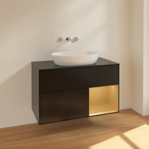 VILLEROY BOCH Finion Waschbeckenunterschrank, mit Beleuchtung, 2 Auszüge, 1000 x 603 x 501 mm, Black Matt Lacquer / Gold Matt Lacquer / Glass Black Matt #FA22HFPD, Bild 2
