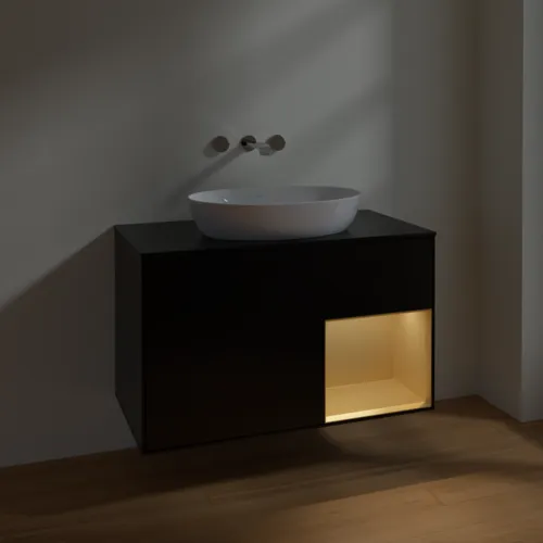 VILLEROY BOCH Finion Waschbeckenunterschrank, mit Beleuchtung, 2 Auszüge, 1000 x 603 x 501 mm, Black Matt Lacquer / Gold Matt Lacquer / Glass Black Matt #FA22HFPD, Bild 5