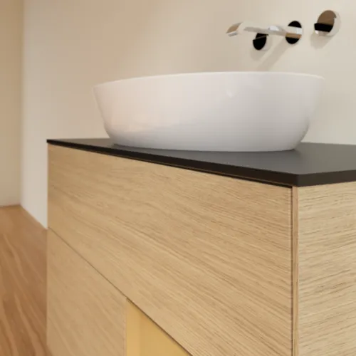 Bild von VILLEROY BOCH Finion Waschbeckenunterschrank, mit Beleuchtung, 2 Auszüge, 1000 x 603 x 501 mm, Oak Veneer / Gold Matt Lacquer / Glass Black Matt #FA22HFPC