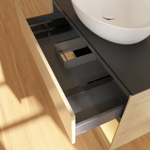 Bild von VILLEROY BOCH Finion Waschbeckenunterschrank, mit Beleuchtung, 2 Auszüge, 1000 x 603 x 501 mm, Oak Veneer / Gold Matt Lacquer / Glass Black Matt #FA22HFPC