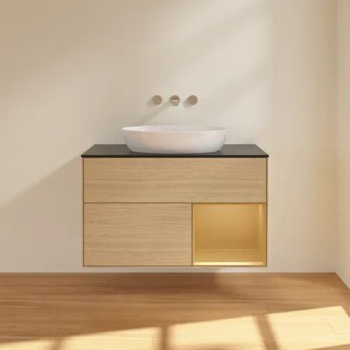 Bild von VILLEROY BOCH Finion Waschbeckenunterschrank, mit Beleuchtung, 2 Auszüge, 1000 x 603 x 501 mm, Oak Veneer / Gold Matt Lacquer / Glass Black Matt #FA22HFPC