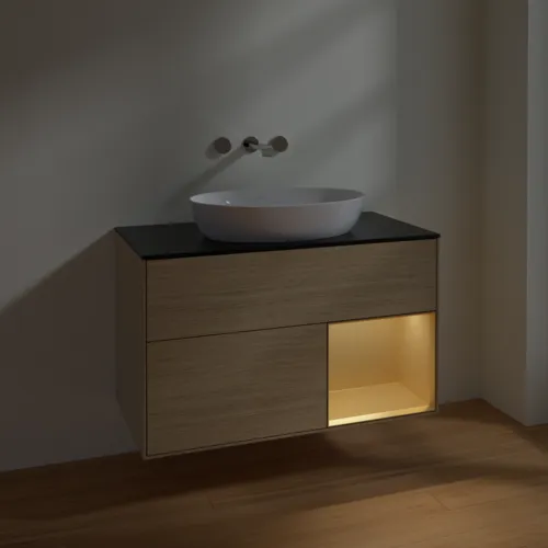 Bild von VILLEROY BOCH Finion Waschbeckenunterschrank, mit Beleuchtung, 2 Auszüge, 1000 x 603 x 501 mm, Oak Veneer / Gold Matt Lacquer / Glass Black Matt #FA22HFPC