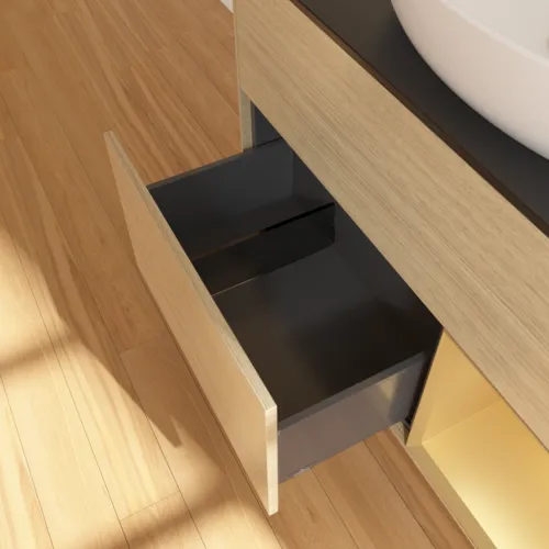 Bild von VILLEROY BOCH Finion Waschbeckenunterschrank, mit Beleuchtung, 2 Auszüge, 1000 x 603 x 501 mm, Oak Veneer / Gold Matt Lacquer / Glass Black Matt #FA22HFPC