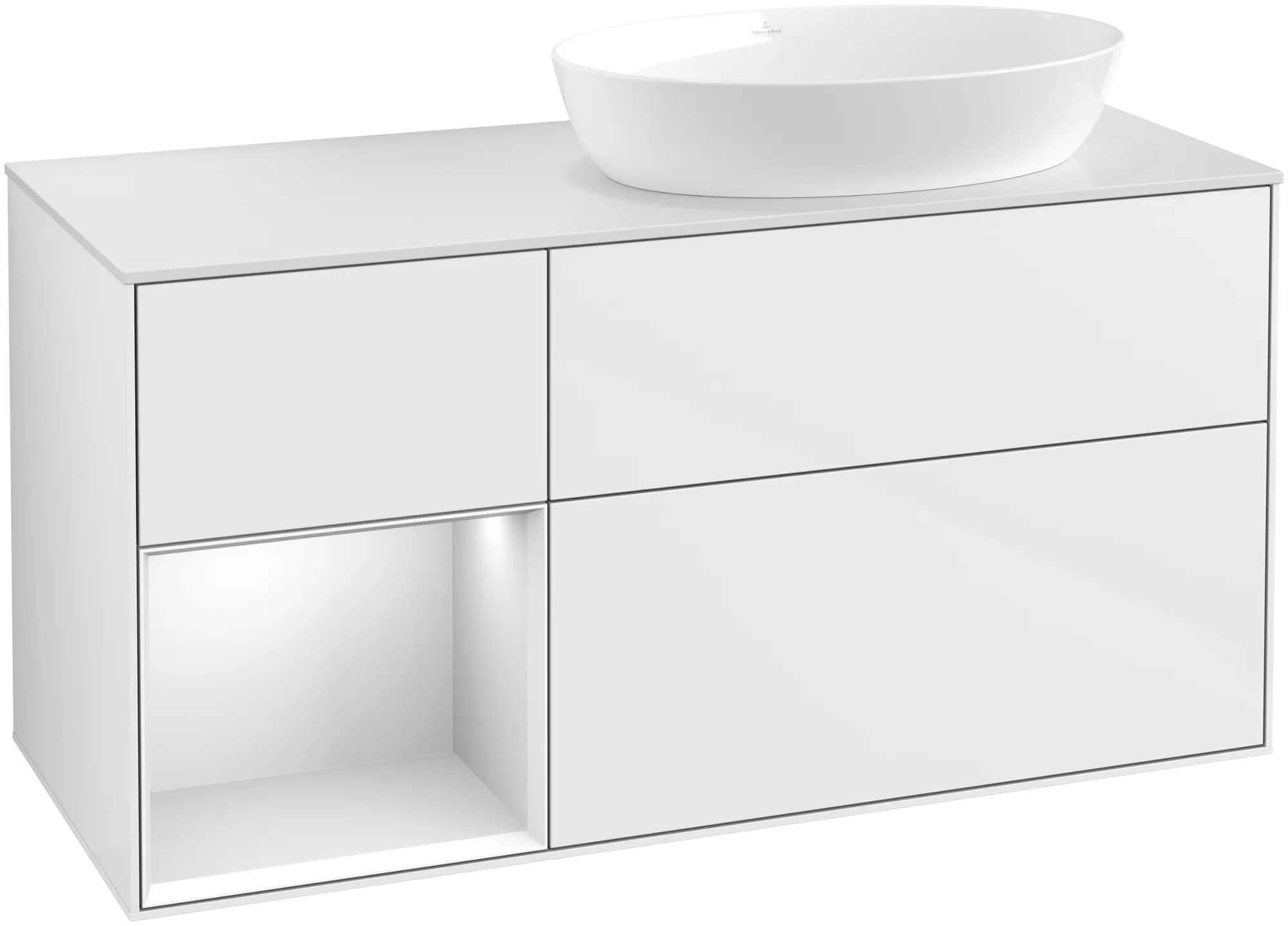 Obrázek VILLEROY BOCH Finion Vanity unit, with lighting, 3 pull-out compartments, 1200 x 603 x 501 mm, Glossy White Lacquer / White Matt Lacquer / Glass White Matt #FA41MTGF