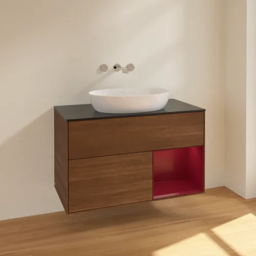 VILLEROY BOCH Finion Waschbeckenunterschrank, mit Beleuchtung, 2 Auszüge, 1000 x 603 x 501 mm, Walnut Veneer / Peony Matt Lacquer / Glass Black Matt #FA22HBGN, Bild 2