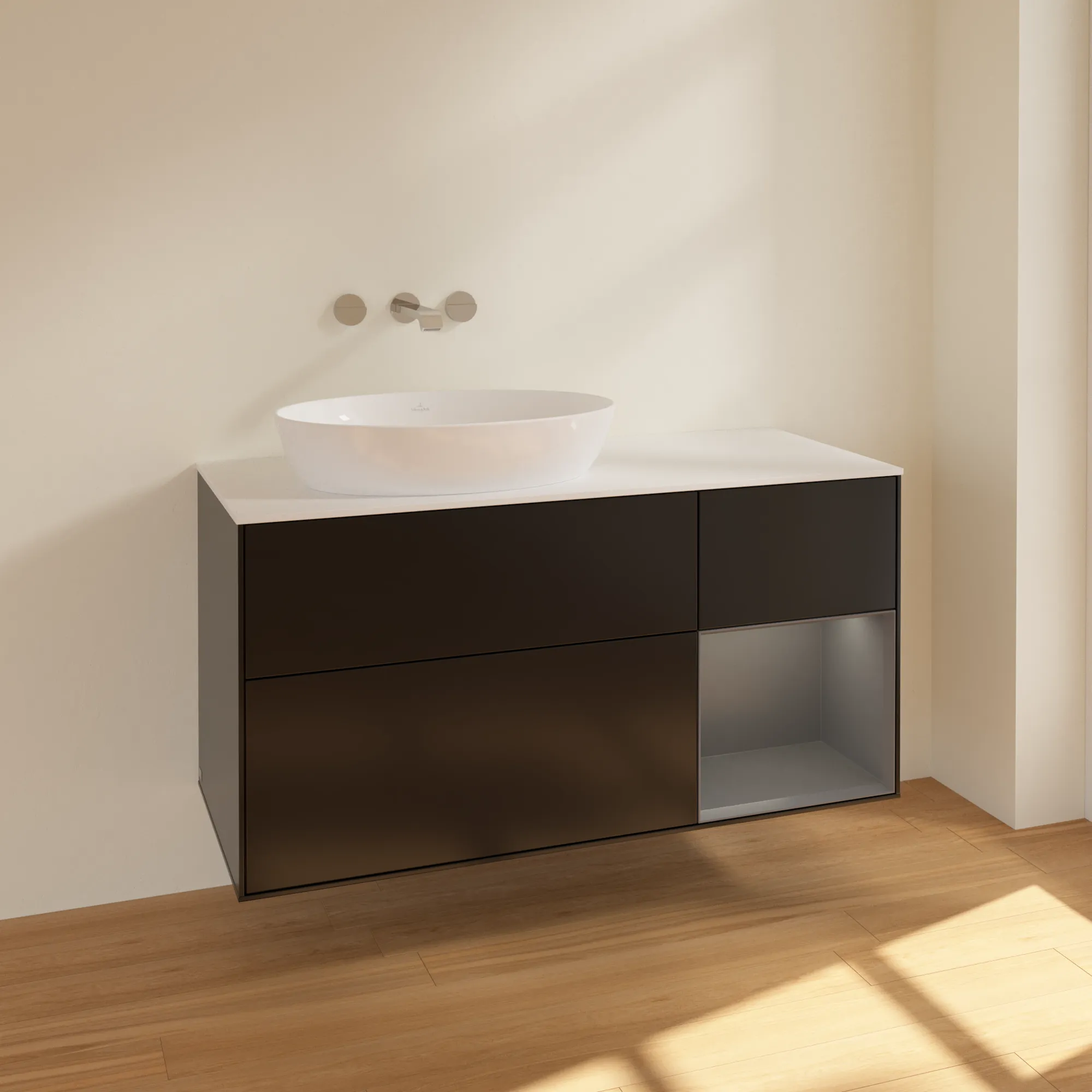 Obrázek VILLEROY BOCH Finion Vanity unit, with lighting, 3 pull-out compartments, 1200 x 603 x 501 mm, Black Matt Lacquer / Anthracite Matt Lacquer / Glass White Matt #FA51GKPD