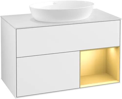εικόνα του VILLEROY BOCH Finion Vanity unit, with lighting, 2 pull-out compartments, 1000 x 603 x 501 mm, Glossy White Lacquer / Gold Matt Lacquer / Glass White Matt #FA21HFGF