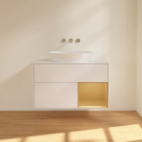 Bild von VILLEROY BOCH Finion Waschbeckenunterschrank, mit Beleuchtung, 2 Auszüge, 1000 x 603 x 501 mm, Glossy White Lacquer / Gold Matt Lacquer / Glass White Matt #FA21HFGF