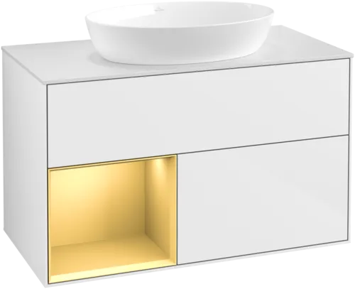 εικόνα του VILLEROY BOCH Finion Vanity unit, with lighting, 2 pull-out compartments, 1000 x 603 x 501 mm, Glossy White Lacquer / Gold Matt Lacquer / Glass White Matt #FA11HFGF