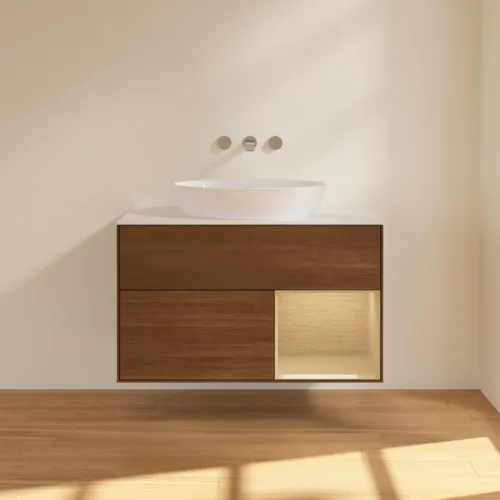 Bild von VILLEROY BOCH Finion Waschbeckenunterschrank, mit Beleuchtung, 2 Auszüge, 1000 x 603 x 501 mm, Walnut Veneer / Oak Veneer / Glass White Matt #FA21PCGN