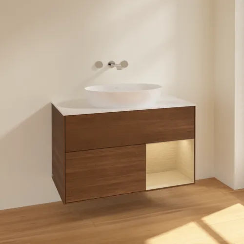 Bild von VILLEROY BOCH Finion Waschbeckenunterschrank, mit Beleuchtung, 2 Auszüge, 1000 x 603 x 501 mm, Walnut Veneer / Oak Veneer / Glass White Matt #FA21PCGN