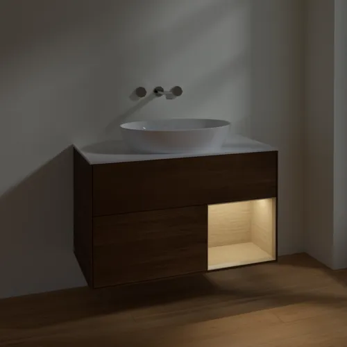 Bild von VILLEROY BOCH Finion Waschbeckenunterschrank, mit Beleuchtung, 2 Auszüge, 1000 x 603 x 501 mm, Walnut Veneer / Oak Veneer / Glass White Matt #FA21PCGN
