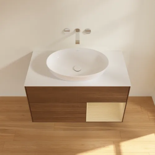 Bild von VILLEROY BOCH Finion Waschbeckenunterschrank, mit Beleuchtung, 2 Auszüge, 1000 x 603 x 501 mm, Walnut Veneer / Oak Veneer / Glass White Matt #FA21PCGN