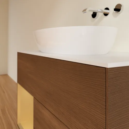Bild von VILLEROY BOCH Finion Waschbeckenunterschrank, mit Beleuchtung, 2 Auszüge, 1000 x 603 x 501 mm, Walnut Veneer / Gold Matt Lacquer / Glass White Matt #FA11HFGN