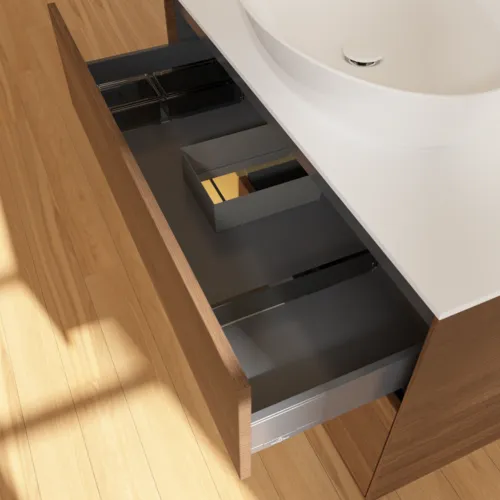 Bild von VILLEROY BOCH Finion Waschbeckenunterschrank, mit Beleuchtung, 2 Auszüge, 1000 x 603 x 501 mm, Walnut Veneer / Gold Matt Lacquer / Glass White Matt #FA11HFGN